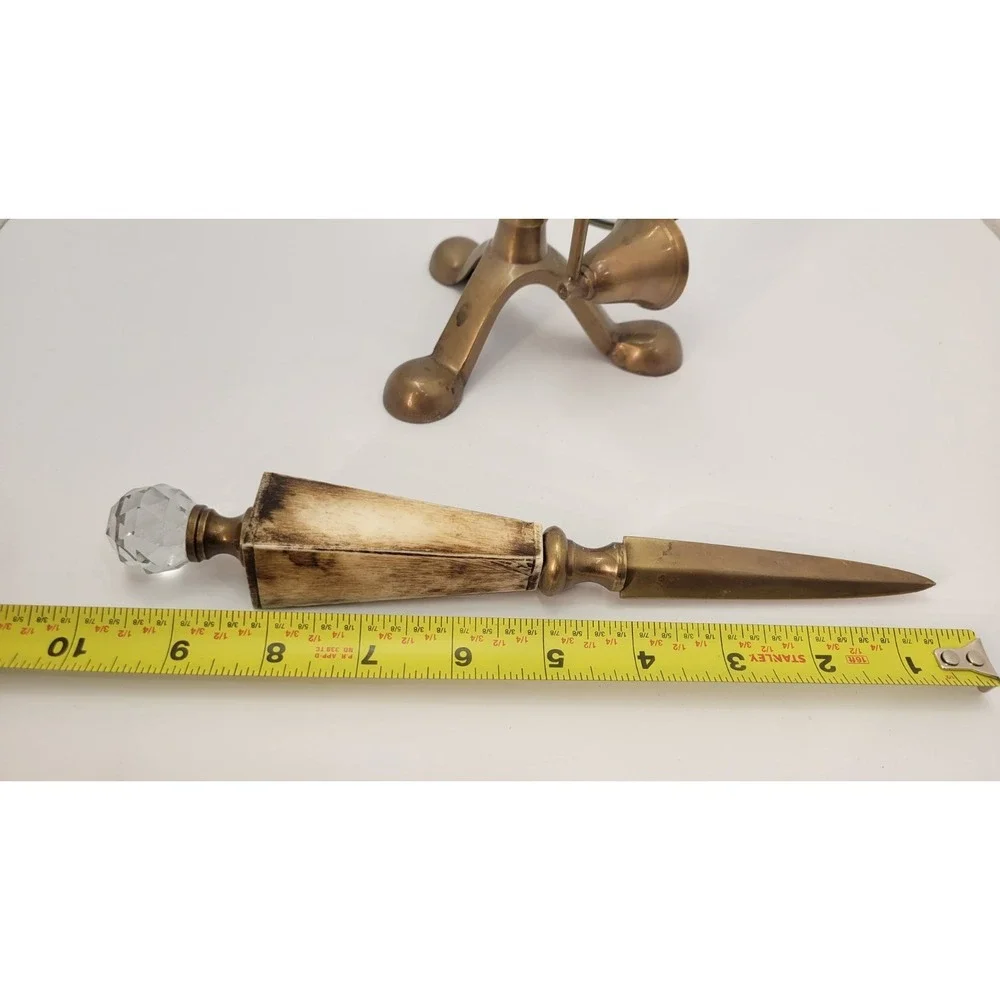 Vintage Brass Desk Set Bone Handles Crystal Knobs Magnifier Opener Snuffer